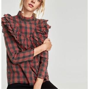 Zara size small plaid flannel ruffled shirt blouse